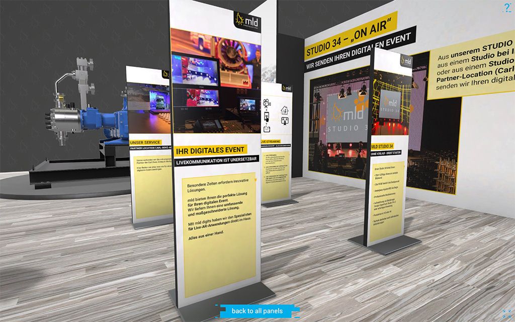Übersicht des virtuellen Messestands mit attraktiven Informationselementen und Produkt-Visualisierung in 3D