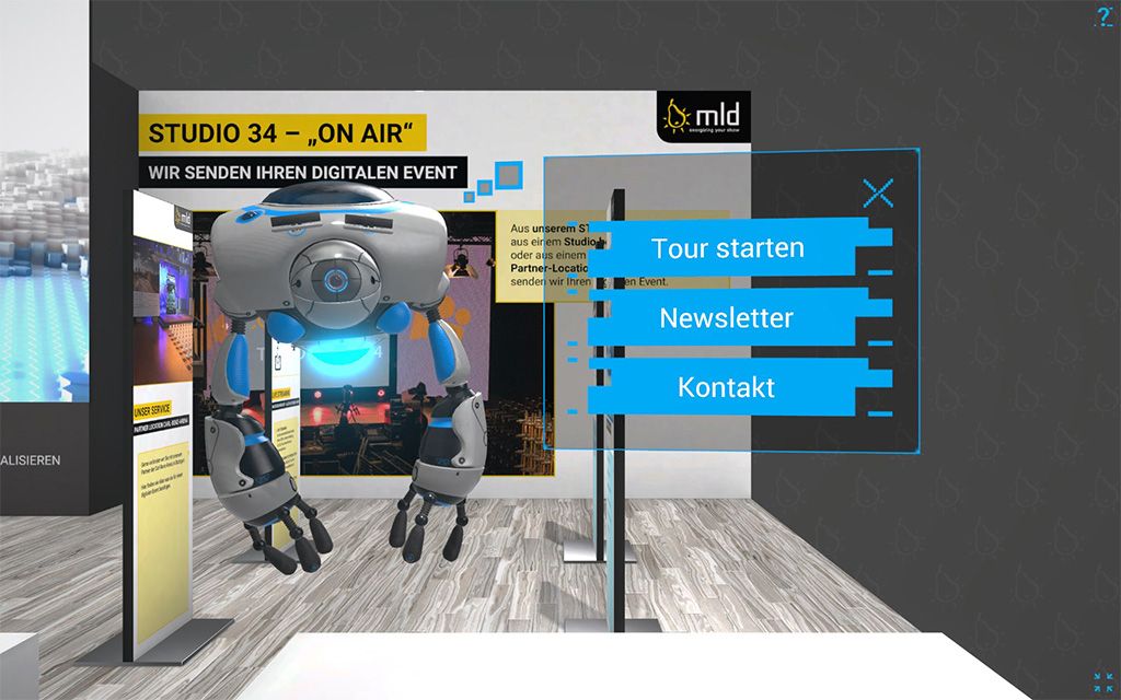 Droneo, der virtuelle Avatar von mld digits, bietet dem Besucher verschiedene Möglichkeiten: Tour über den virtuellen Messestand starten, zum Newsletter anmelden oder Kontakt aufnehmen